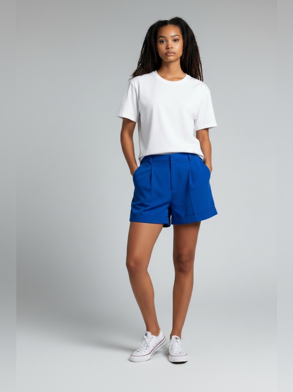 Mango Casual Womens Size 2 Cobalt Blue Pleated Front Lightweight Shorts Cuffed